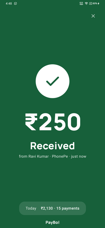PayBol's full-screen counter view showing ₹250 received from Ravi Kumar on PhonePe