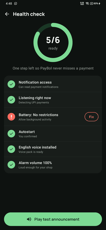 Health check with a Fix button for each problem